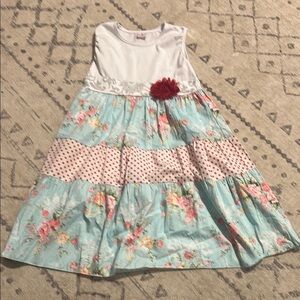 Floral Sleeveless Kids Dress - White and Blue
